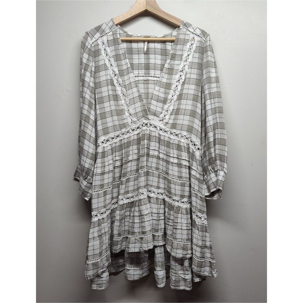 Free People Cream and Gray Plaid Lace-Trim Mini Dress